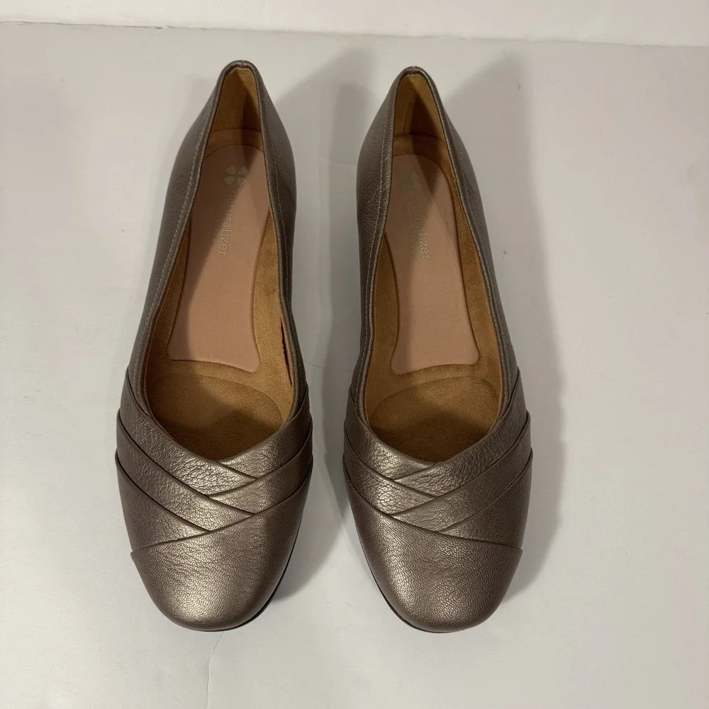 Naturalizer Jaye Women 11WW Pewter Metallic Leather Pleated Ballet‎ Flats Shoes
